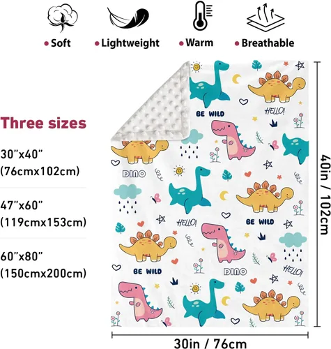 Vista 2 de Manta de doble capa para bebé con nombre personalizado, estampado de dinosaurio blanco, manta de ropa de cama personalizada para Halloween, para 03