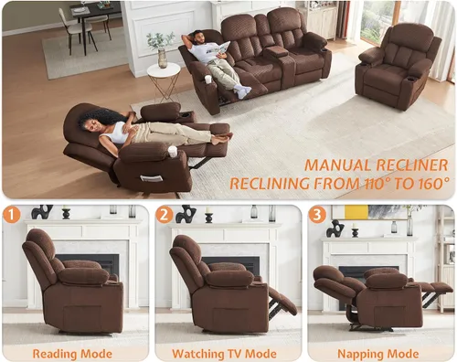 Vista 4 de Jocisland Sofá reclinable, sofá reclinable con portavasos, sofá reclinable de 3 plazas con respaldo de ala doble, cómodos sofás reclinables