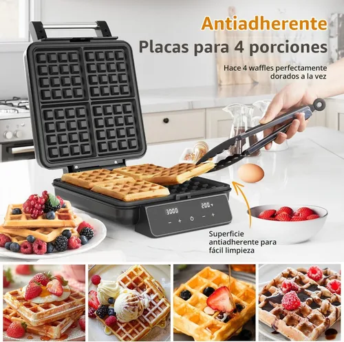 Vista 3 de Fabricante de Waffles de 4 Rebanadas con Superficie Antiadherente, Plancha para Waffles de 1200W, Control de Tiempo y Temperatura, Pantalla LCD