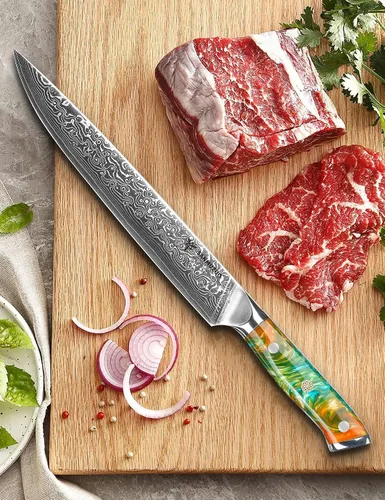 Vista 6 de Cuchillo para cortar carne de acero Damasco VG10 de 9 pulgadas, mango naranja de fantasía de resina