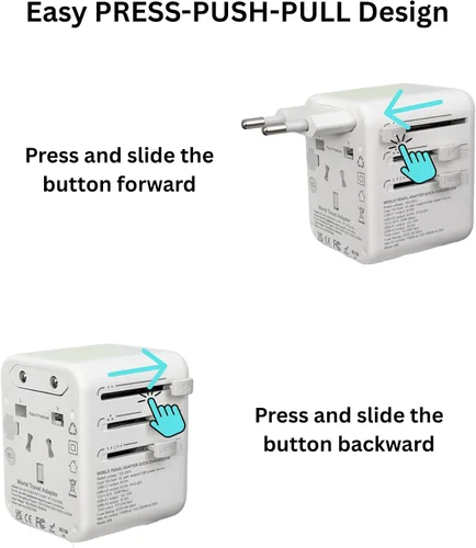 Vista 3 de Adaptador de viaje universal 5 en 1, adaptador de corriente internacional GaN de 20 W, 1 CA, 2 USB-C PD carga rápida y 2 USB-A QC, adaptador