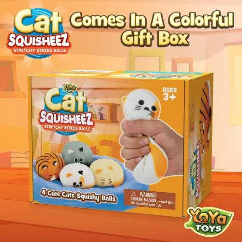 Vista 7 de YoYa Toys Squisheez Cat - Paquete de 4 bolas suaves y esponjosas para aliviar el estrés de gatitos, lindos animales elásticos, juguetes perfectos