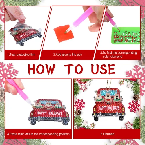 Vista 5 de AnyDesign 12 piezas de llavero de arte de diamantes de Navidad, hecho a mano, camión, Papá Noel, muñeco de nieve, pintura de gemas, colgante