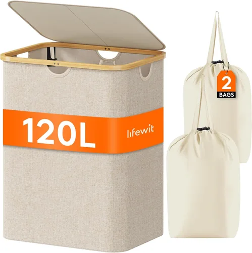 Vista 16 de Lifewit Cesta de lavandería de 80 litros con tapa, cestas de ropa para lavandería con asas de bambú y una bolsa de lavandería extraíble, cesta