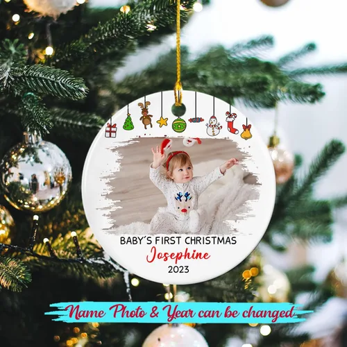 Vista 2 de Agregar foto Adorno de cerámica de la primera Navidad del bebé 2025, imagen personalizada del primer árbol de adorno de Navidad del bebé, adorno