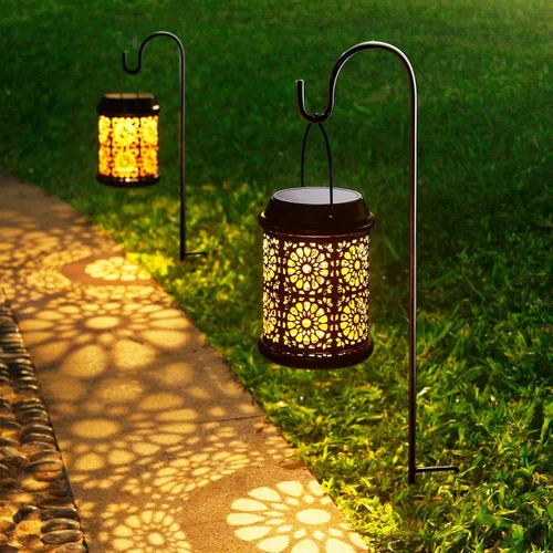 Vista 2 de DenicMic Farol solar para exteriores, luces solares para exteriores, linterna colgante con mango y gancho, impermeable, 25 lúmenes, blanco cálido