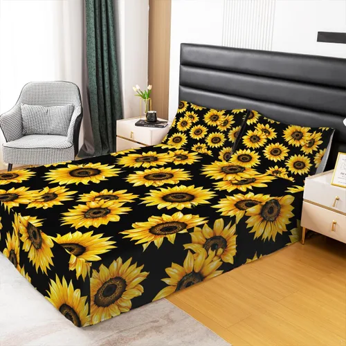 Vista 2 de Falda de cama individual de girasol, flores soleadas con esquinas divididas, faldas de cama bohemias florales amarillas, falda de cama para plantas