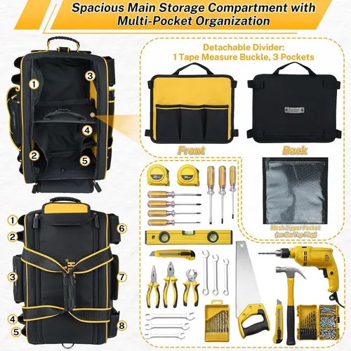Vista 4 de MELOTOUGH Bolsa de herramientas con ruedas, organizador de bolsa de herramientas resistente con mango telescópico oculto, gran capacidad, múltiples