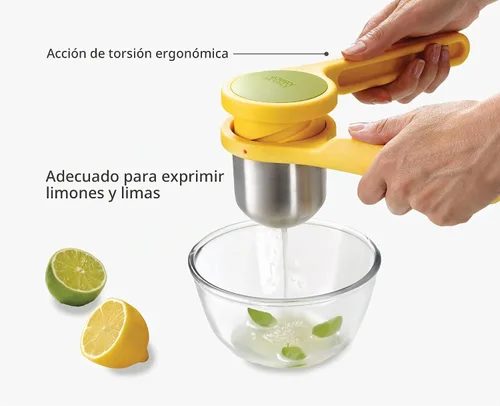 Vista 4 de Exprimidor ergonómico, con giro, de acero inoxidable Joseph Joseph, prensa de cítricos, Amarillo