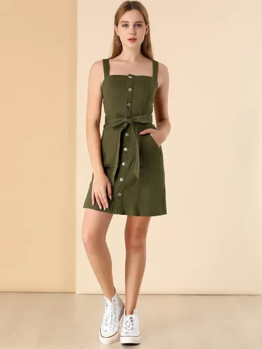 Vista 3 de Allegra K Vestido de mezclilla clásico para mujer, con correa ajustable, acampanado, vestido de mezclilla