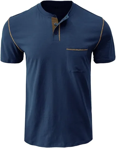 Vista 2 de Aulemen Camisas Henley de manga corta para hombre, estilo casual, ligeras, ajustadas, con botones, básicas, con bolsillo