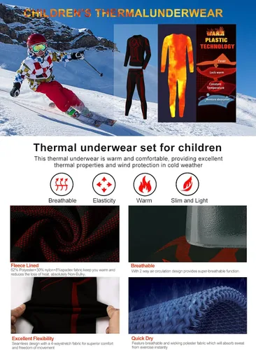 Vista 2 de MeetHoo Conjunto de ropa interior térmica para niños capa base de pantalones largos con forro polar para niños