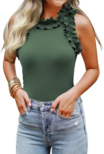 Vista 21 de WAYMAKER - Camiseta sin mangas para mujer, body de estilo sexy con espalda cruzada, cuello de tortuga simulado y ribeteado