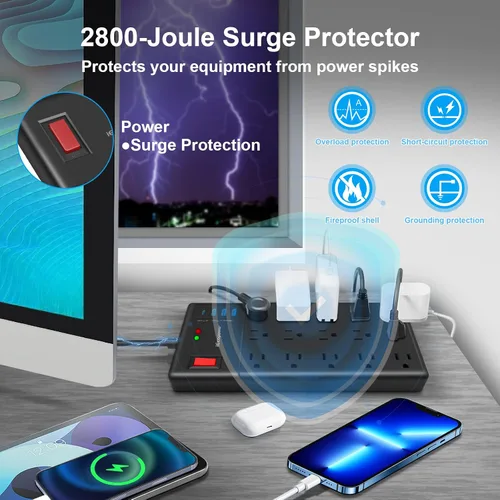 Vista 5 de Regleta de alimentación con protector de sobretensiones, 15 tomas de corriente ampliamente espaciadas y 4 puertos USB (1 puerto USB C), cable