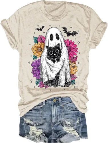 Vista 30 de Woffccrd - Camisetas divertidas con estampado de calabaza y leopardo para mujer, camisetas gráficas de manga corta de Halloween para mujer