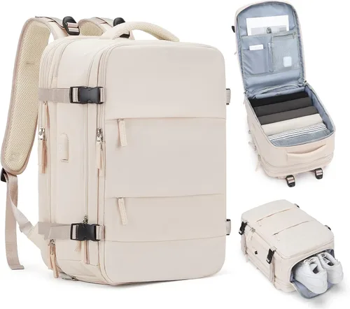 Vista 73 de Mochila de viaje grande, bolsa de mano, aprobada para aviones, para artículos personales, para hombre o mujer, color beige con marrón