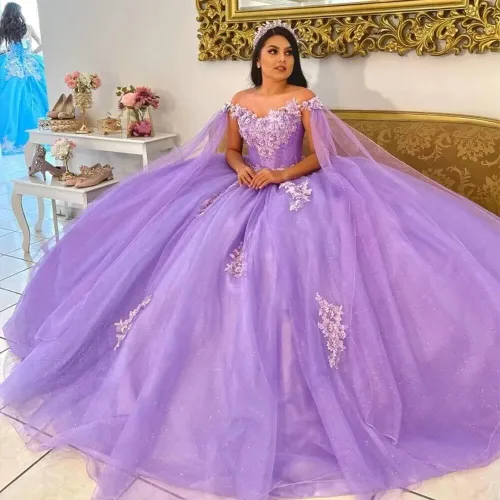 Vista 4 de XYAYE Vestido de quinceañera con hombros descubiertos y flores 3D para mujer, vestido de baile con capa de encaje con cuentas hinchadas, vestido