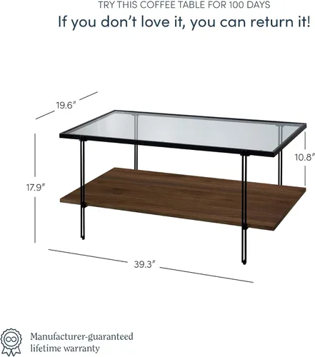 Vista 2 de Nathan James Asher Mid-Century - Mesa de centro rectangular con parte superior de cristal y estante de almacenamiento con acabado de madera con Negro