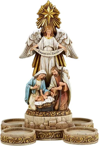 Vista 11 de Avalon Gallery Candelabro de resina esculpida de Adviento/Navidad, 7.25 x 9.75 pulgadas, corona de belén de ángel Corona de Natividad de Ángel