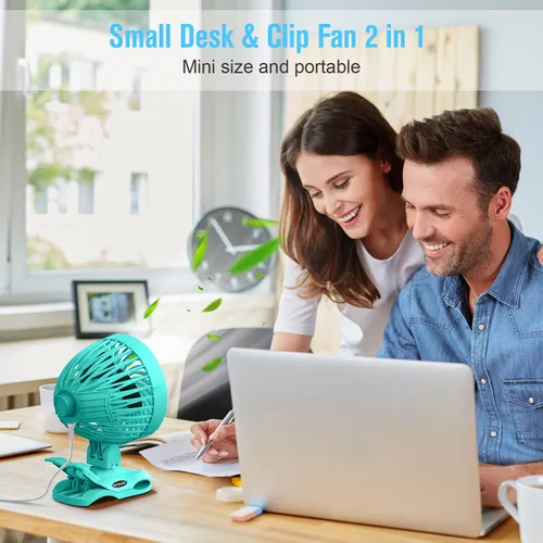 Vista 4 de BESKAR Ventilador pequeño con clip – Ventilador USB personal CVT velocidades y abrazadera fuerte, inclinación ajustable, funcionamiento silencioso