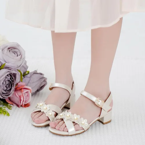 Vista 2 de Sandalias para niñas, tacones para niños, puntera abierta, correa al tobillo, zapatos de vestir, flores para boda, fiesta para niños pequeños