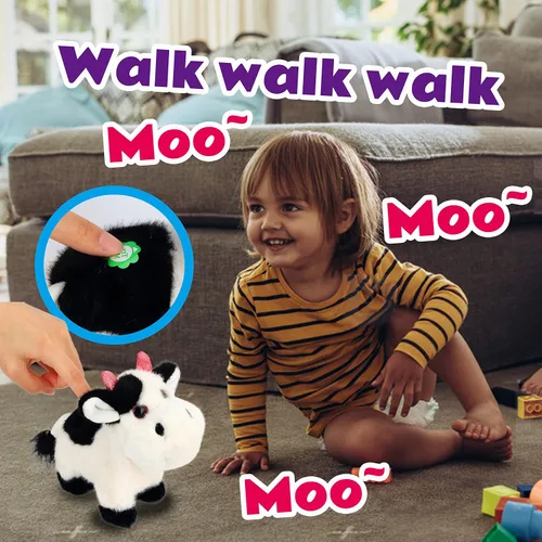 Vista 5 de Vaca Negra Caminando Animal de Peluche Hablando Moo de Peluche Ganado Eléctrico Interactivo Animado Juguetes de Peluche para Niñas Niños Cumpleaños