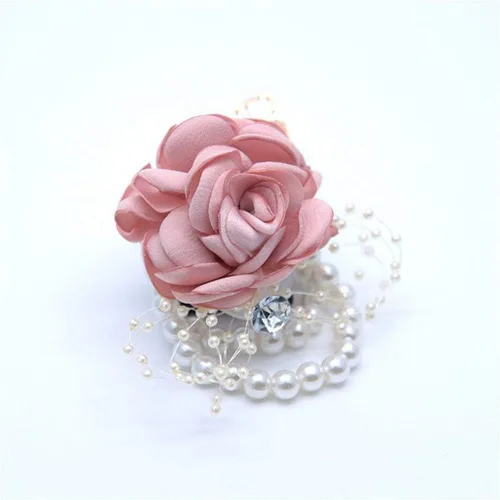 Vista 2 de Ramillete de muñeca para dama de honor para niña, flor de muñeca de seda nupcial con cuentas de perlas de imitación, pulsera elástica de hoja de oro
