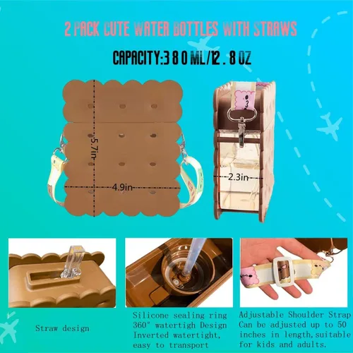 Vista 2 de 2 botellas de agua lindas con pajillas, creativas Kawaii en forma de galleta de plástico a prueba de fugas con correa ajustable para el hombro