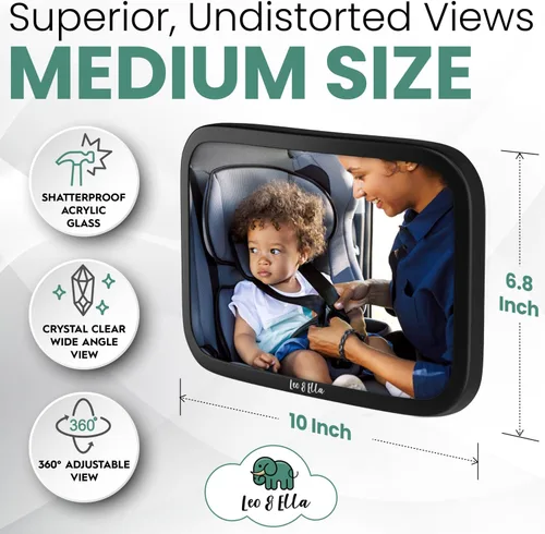 Vista 4 de Leo&Ella Espejo de coche para bebé, tamaño mediano, con montaje ajustable de 360°, visión infantil ultra transparente, inastillable, montaje
