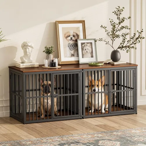 Vista 15 de Lyromix Mueble apilable para perros de 43 pulgadas, para razas grandes con habitaciones dobles, jaula de madera para perros, perrera resistente