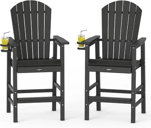Vista 8 de VINGLI Silla Adirondack alta, silla Adirondack de plástico para todo tipo de clima con portavasos, taburetes de bar resistentes para exteriores