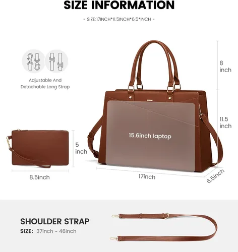 Vista 5 de LOVEVOOK Bolsa de mano para laptop para mujer, bolsa de trabajo de cuero para negocios, oficina, maletín para computadora con pequeño clutch, apto