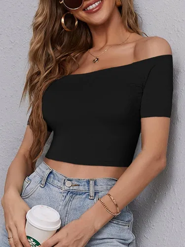 Vista 7 de HUHOT Womens Basic Short Sleeve Vogue Fitted Off The Shoulder Cute Crop Tops