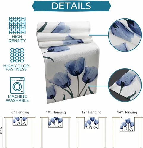 Vista 7 de Camino de mesa floral de tulipán azul, algodón y lino, pequeñas bufandas de 36 pulgadas, diseño rústico de flores para cocina, café, mesa