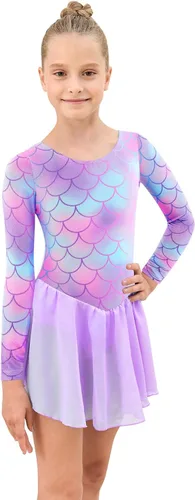 Vista 5 de EQSJIU Leotardo de ballet de manga larga con falda tutú para niñas, baile, gimnasia, niños pequeños, vestido de fiesta de copo de nieve brillante