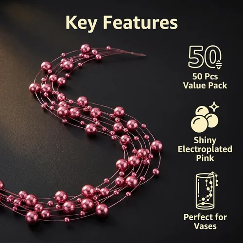 Vista 5 de 50 piezas de cadenas de perlas para velas flotantes, perlas artificiales para relleno de jarrón, decoraciones centrales de mesa para boda, fiesta