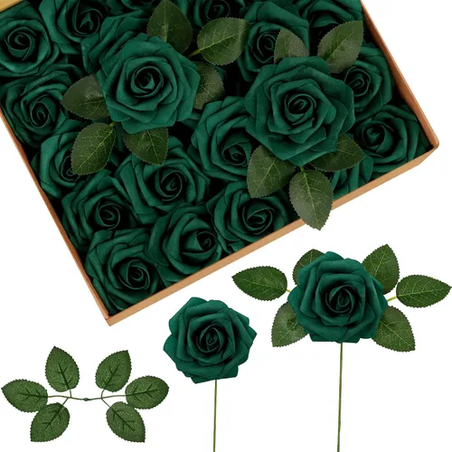 Vista 15 de InnoGear Flores artificiales, paquete de 50 unidades, rosas artificiales de espuma negras con tallos a granel para decoración, ramos de boda DIY