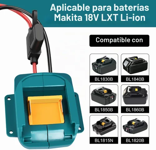 Vista 2 de Adaptador de corriente para ruedas de batería Makita 18V LXT con conector de arnés de cables y portafusibles compatible con ruedas de batería de 12