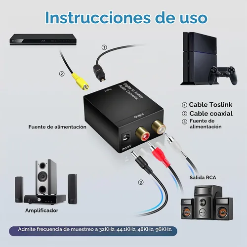 Vista 5 de Adaptador de convertidor de audio estéreo analógico coaxial óptico digital a analógico con cable óptico RCA, adaptador no incluido