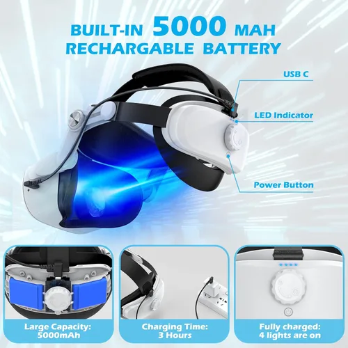 Vista 3 de Battery Head Strap Compatible with Quest 2 - YOGES 5000mAh Rechargable Adjustable Headstrap to Extend Playtime and Comfort for VR Headset, Super