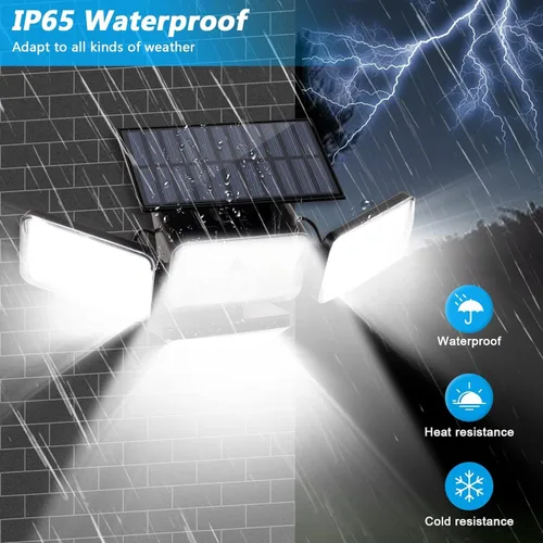 Vista 4 de Luces solares para exteriores, 288 LED 2800LM sensor de movimiento luz al aire libre con control remoto, 4 cabezales IP65 impermeable luces solares