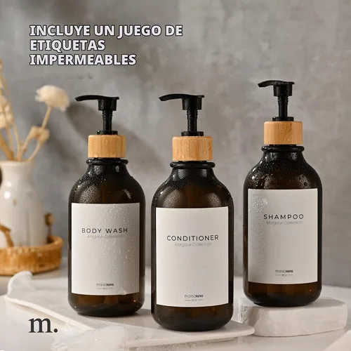 Vista 6 de MaisoNovo Botellas recargables de champú y acondicionador Juego de 3 botellas de plástico ámbar de 16.9 fl oz con bombas de bambú negras