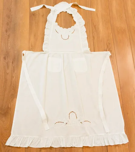 Vista 4 de Minhcraft Delantal de algodón blanco con bordado de flores hermosas volantes de longitud completa babero delantal de las mujeres, Blanco