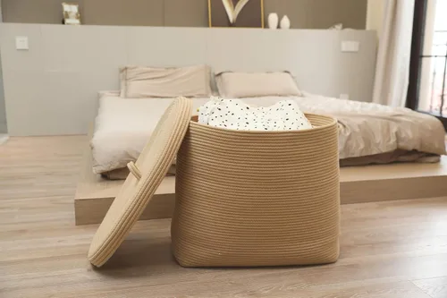 Vista 7 de Canasta de almacenamiento rectangular extragrande de 22"x14"x18" con tapa, gran canasta de cuerda de algodón, canasta de lavandería tejida