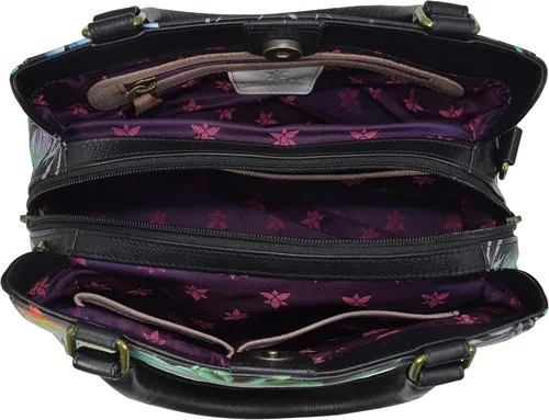 Vista 3 de Anuschka 690 Multi-Compartment Satchel, Womens Hand-Painted Genuine Leather Bag, Upcycled Leather