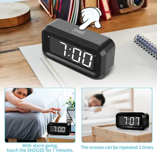 Vista 3 de KWANWA Reloj despertador para niños, LED blanco, batería, modo nocturno automático, 12 horas/24 horas, pequeño, viajes, mesita de noche, montaje