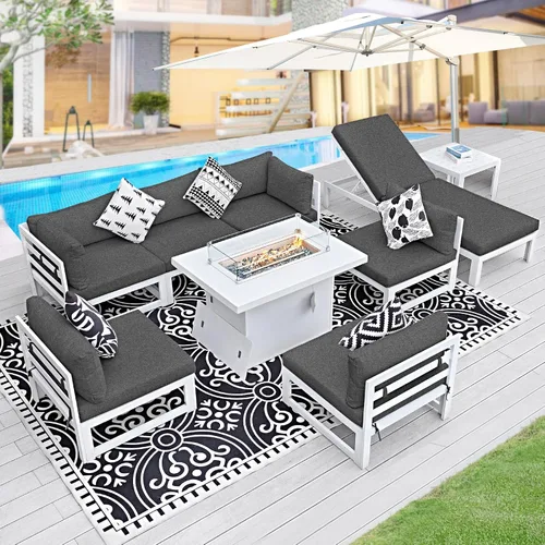 Vista 47 de BULEXYARD - Sofá modular de aluminio para exteriores con mesa para fogata, 7 piezas, color verde azulado