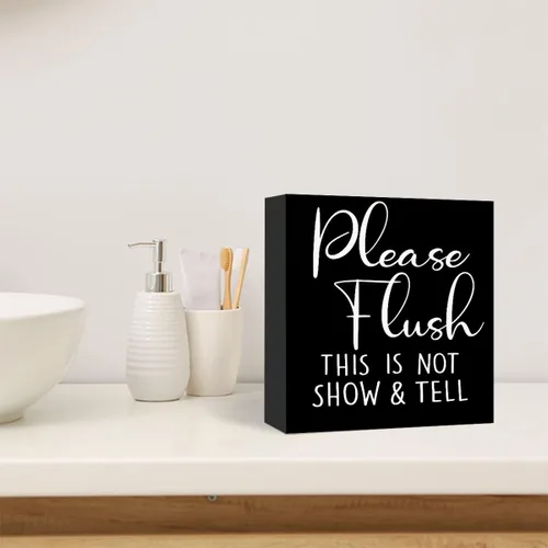 Vista 4 de Divertido letrero de madera negra – Please Flush, Not Show and Tell – Letrero de bloque de madera para inodoro, baño, hogar, mesa, decoración