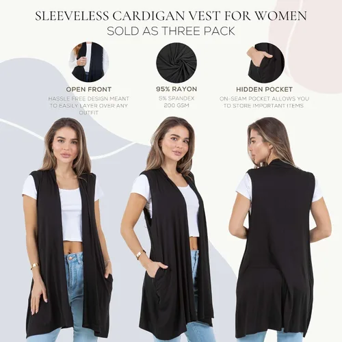 Vista 5 de Azules 3 Pack Sleeveless Long Cardigan for Women with Pockets – Flowy Dressy Layer Casual Wear, Lightweight Open Front
