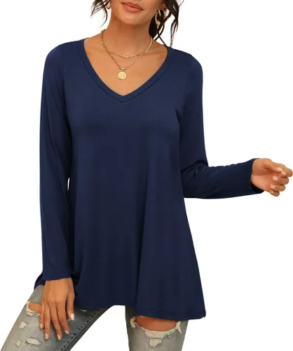 Vista 22 de AWULIFFAN Blusa tipo túnica holgada de manga larga con cuello redondo para mujer